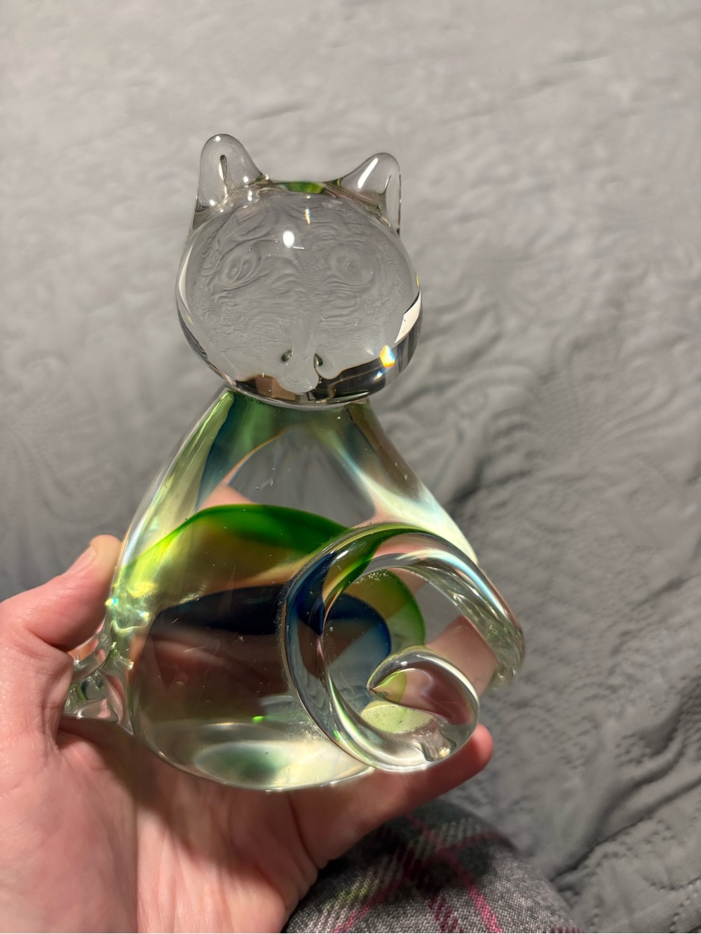 Clear Glass Cat Figurine with Green and Blue Swirl - Brand Unbranded